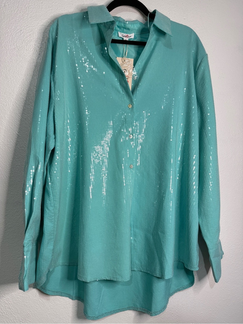 GeeGee Teal Sequin Button-Front Women's Top. Sz 2XL. NWT.